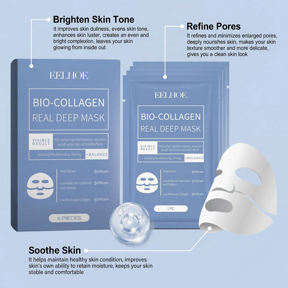 Eelhoe Bio Collagen Mask Centella Extract Deep Moisturizing Anti Aging Pore Minimizer Skin Firming Brightening Hydrating Face Sheet Mask
