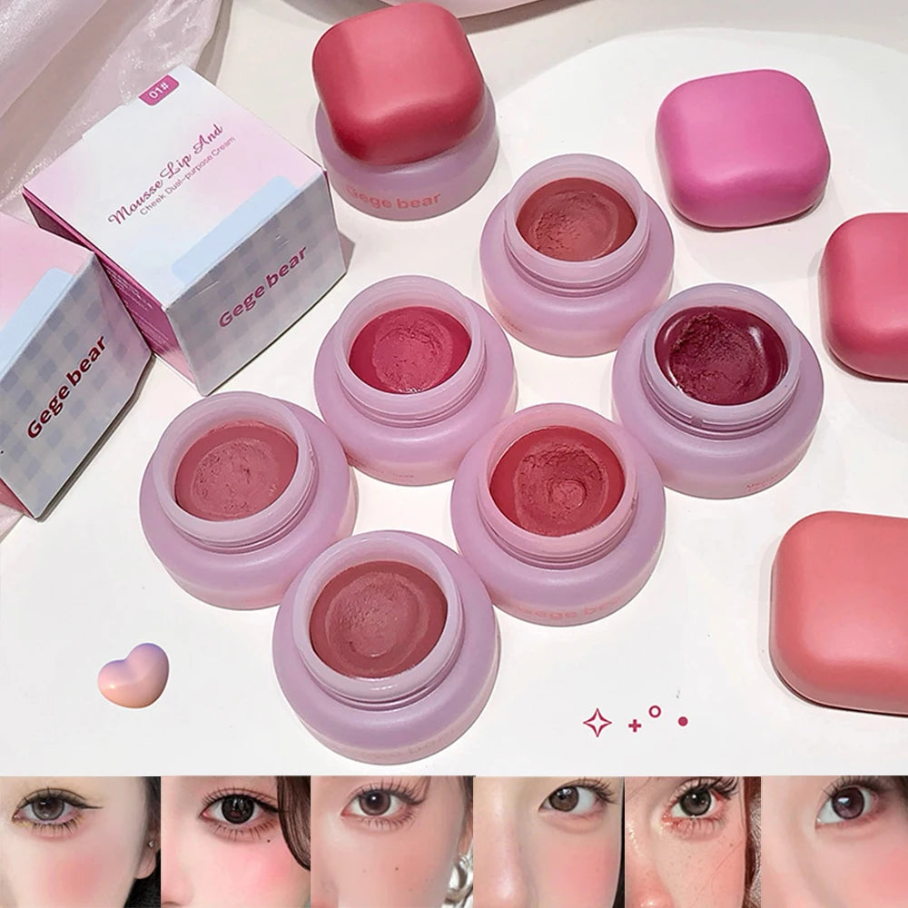 Gege Bear Mousse Lip and Cheek Balm, Korean Style Matte Blush and Lip Tint for Versatile Looks, Complements All Skin Tones