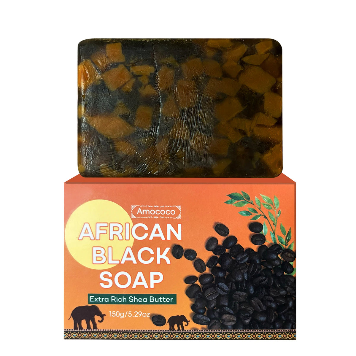 Amococo 3/6pcs African Black Soap Bar 150g Shea Butter Body Soap Moisturizing Cleansing Bath Soap with Coconut Oil Caffeine Neem Extract Natural Skin Care Soap for Men Women Dry Skin