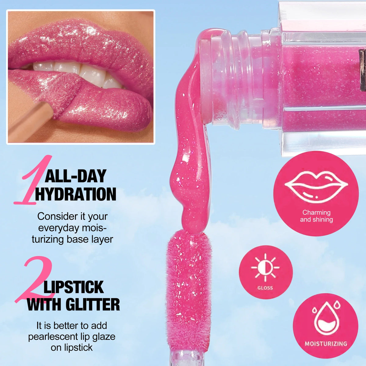HANDAIYAN  Lip Gloss Sexy Plump Glitter Crystal Jelly  Red & Nude Liquid Lipstick Waterproof Moisturizing & Oil-Infused
