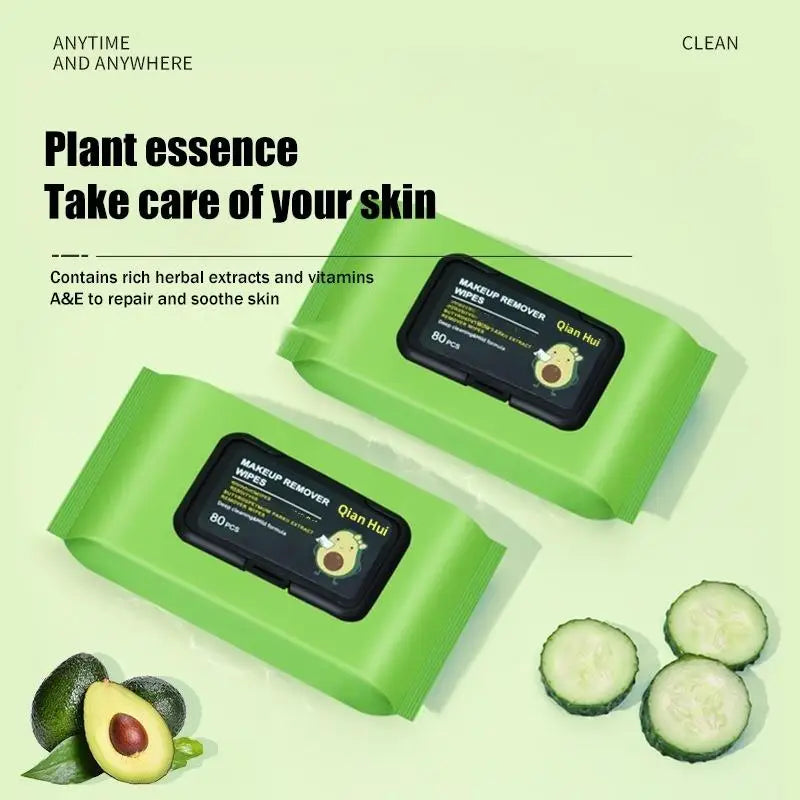 Avocado Scented Makeup Remover Wipes Deep Cleansing Facial Skin Gently Remove Makeup Hypoallergenic Moisturizing Travel-Friendly