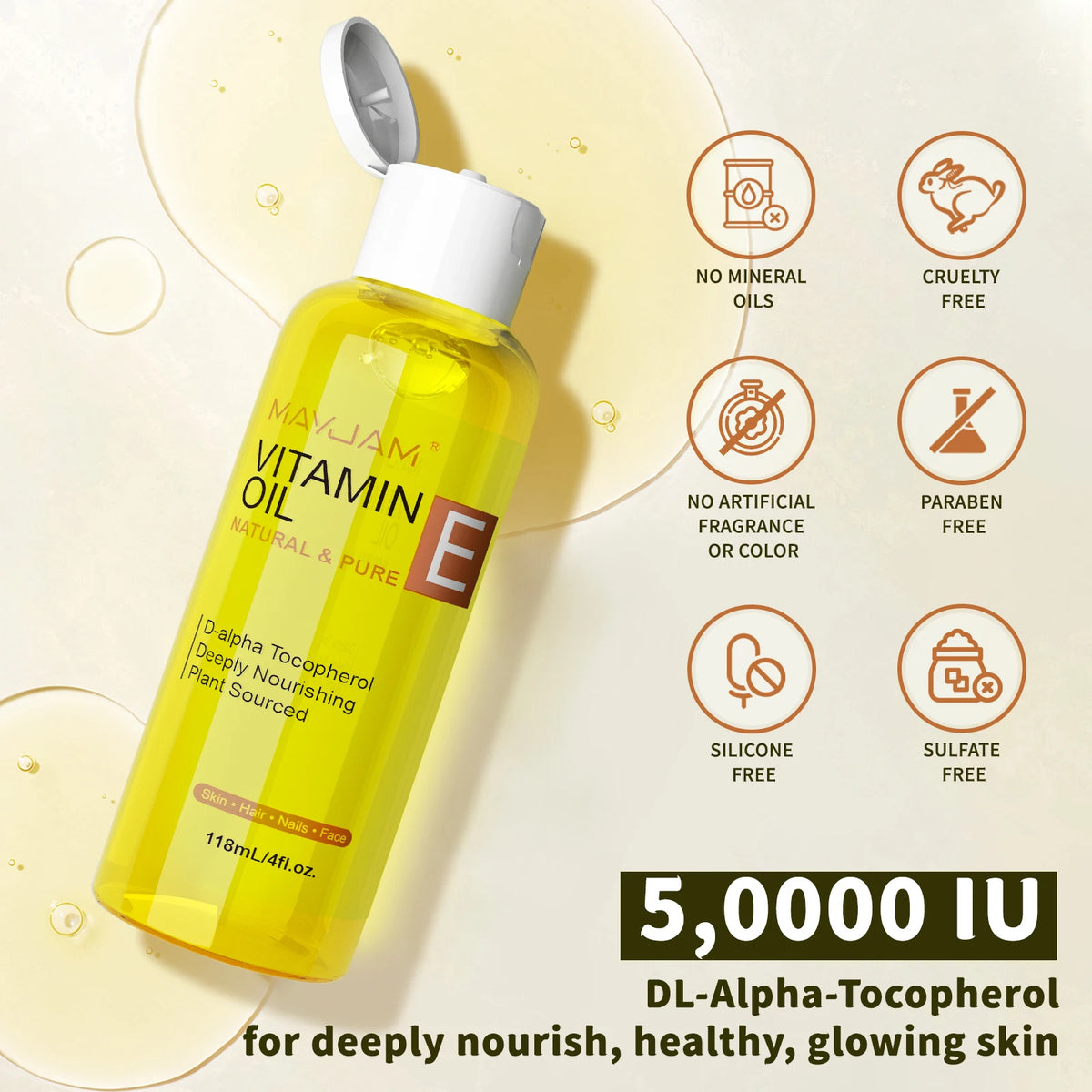 MAYJAM Vitamin E Oil Pure Natural Oil for Face and Skin Care Body Massage Oil for Body Care 118ml 236ml Essential Oil Moisturize