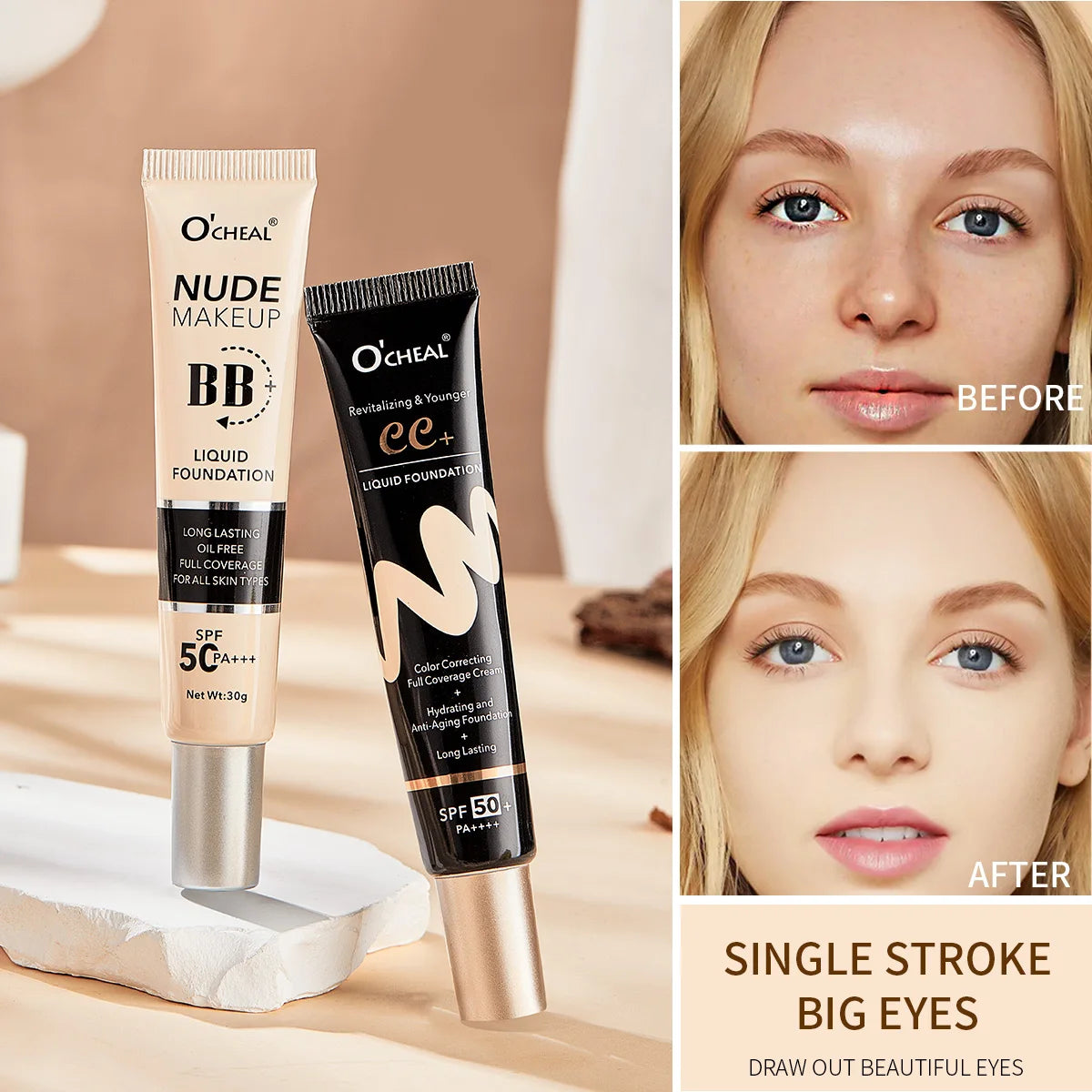 Ocheal 30g BB/CC Sunscreen Cream SPF 50/PA+++ Facial Liquid Foundation Cream Long Lasting Coverage Oil Free All Skin Makeup