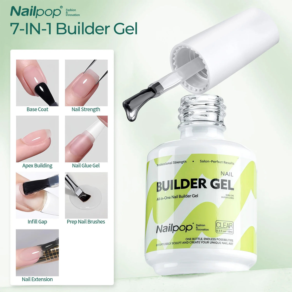 Nailpop 7 IN 1 Nail Glue Gel 15ml Gellack UV Nails Builder Gel Apex & Extension Soak off Base Gel Top Coat  HEMA FREE