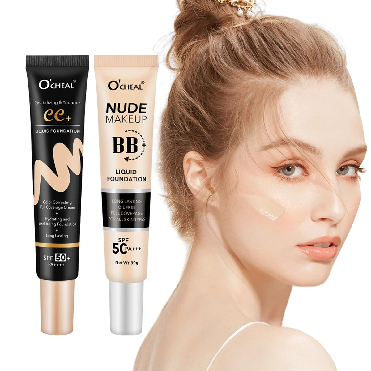 Ocheal 30g BB/CC Sunscreen Cream SPF 50/PA+++ Facial Liquid Foundation Cream Long Lasting Coverage Oil Free All Skin Makeup