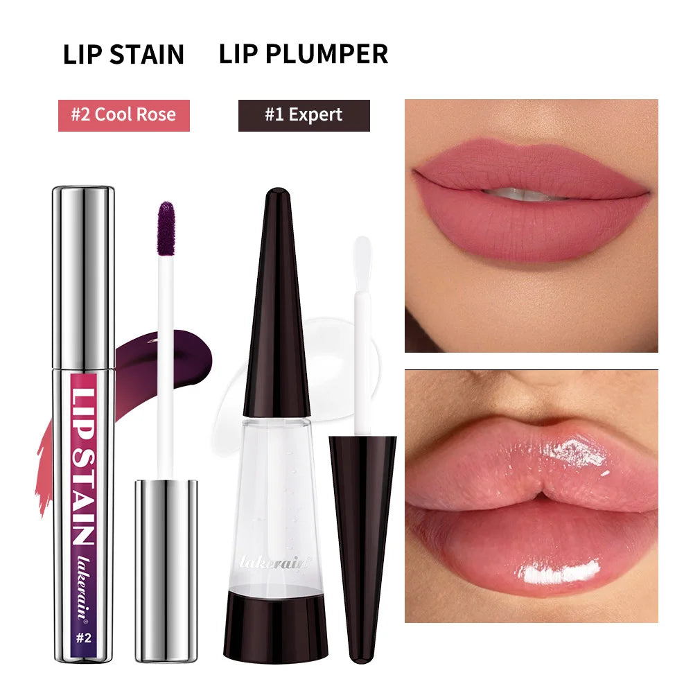Matte Lip Stain & Clear Lip Plumper Gloss Set Long Lasting Non Transfer Moisturizing Volumizing Lip Makeup Kit for Daily Lip Car