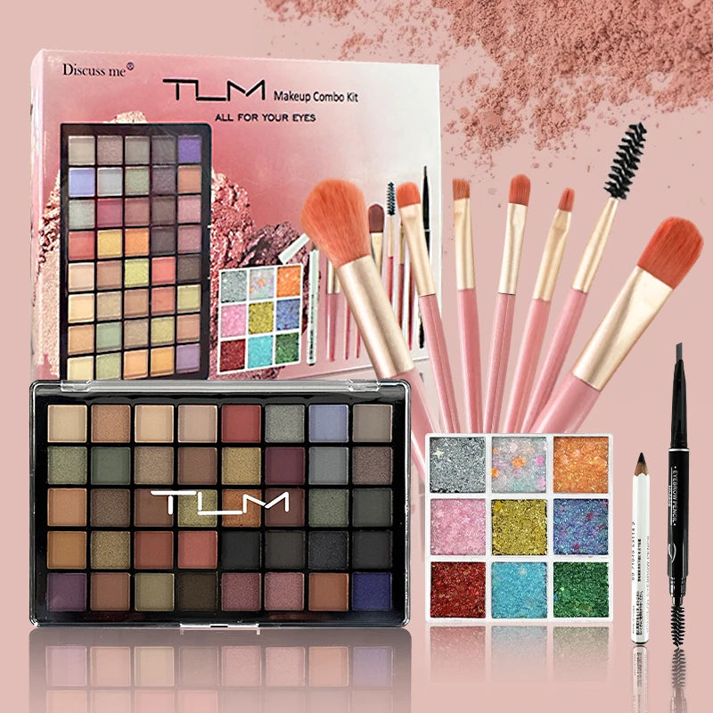 TLM COMPLETE EYE MAKEUP KIT, 40 COLOR EYESHADOW PALETTE WITH 9 COLOR GLITTER EYESHADOW,  MAKEUP BRUSHES AND EYEBROW PENCIL, MULTI-PURPOSE PALETTE FOR MAKEUP ARTISTS, COSMETIC SET FOR BEGINNERS, PERFECT VALENTINE'S DAY GIFT