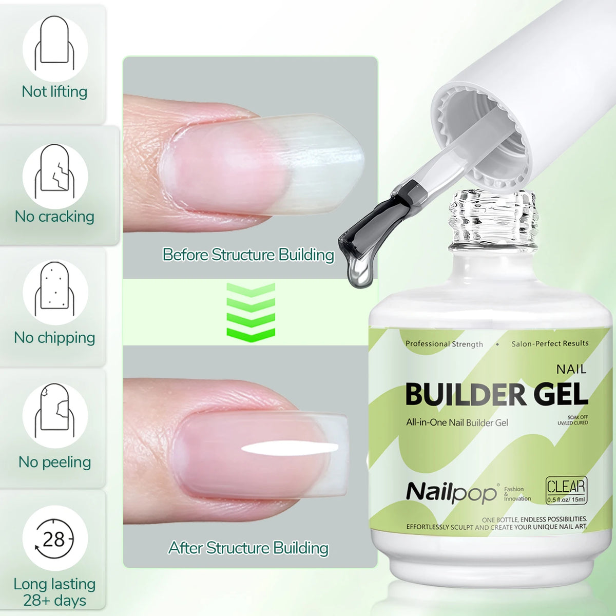 Nailpop 7 IN 1 Nail Glue Gel 15ml Gellack UV Nails Builder Gel Apex & Extension Soak off Base Gel Top Coat  HEMA FREE