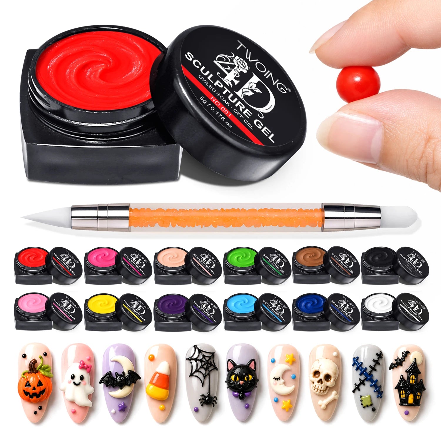 TWOING 12 Colors Non Sticky Soak Off Sculpture Gel Kit with Pen for 3D 4D Nail Art Firm Texture Carving and Sculpting Gel DIY