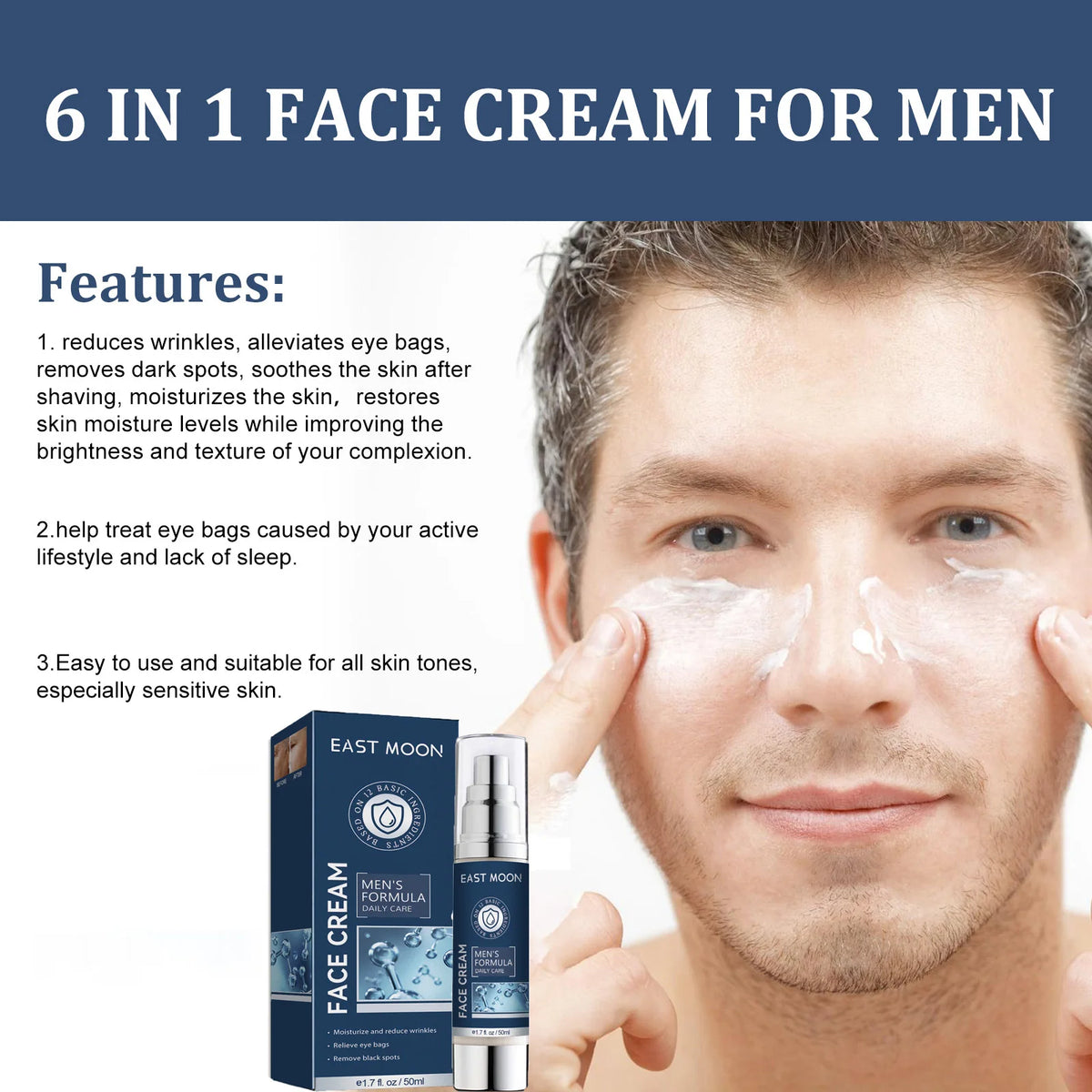 6 IN1 Men's Face Moisturizer Cream Hydrating Skin Lighten Dark Circles Anti-Puffiness Fade Fine Lines Brightening Facial Cream