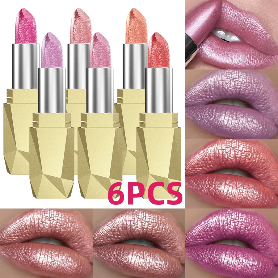 6pcs Colors Bold & Intense Glitter Shiny Metallic Lipstick Pearlescent Lip Tint,Long Lasting Lip Senior Sexy Red Purple Pink Lip Glaze Matte Lip Makeup Gifts for Women Gifts