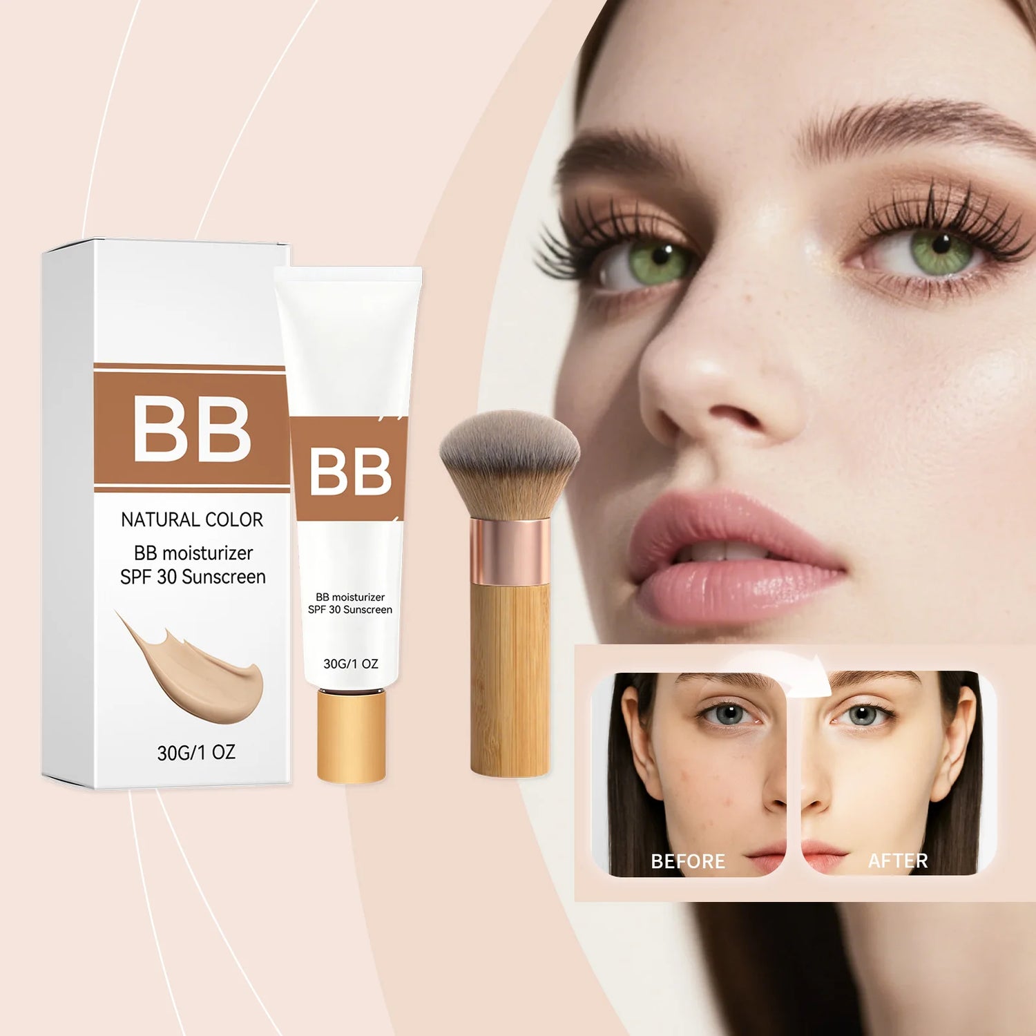 SPF 30 Tinted Moisturizer BB Cream with Hyaluronic Acid Hydrating Skin Tint Natural Glow Foundation & Eco Brush Face Makeup