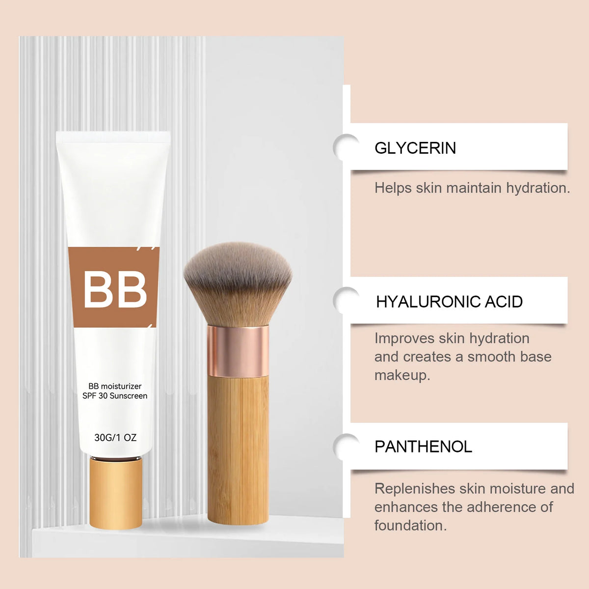 SPF 30 Tinted Moisturizer BB Cream with Hyaluronic Acid Hydrating Skin Tint Natural Glow Foundation & Eco Brush Face Makeup
