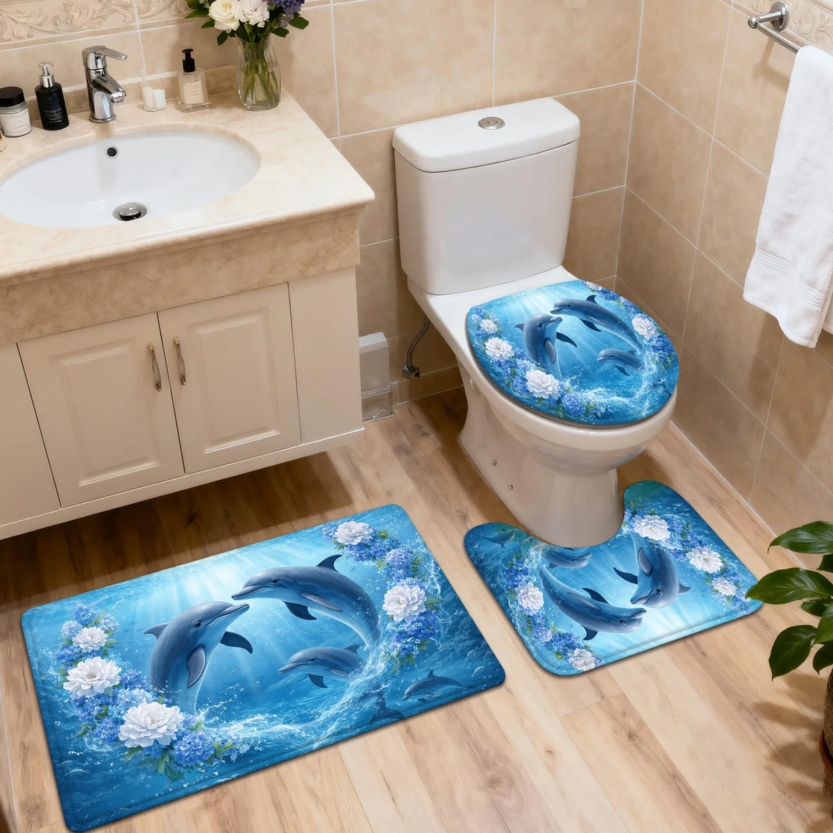 Luxury Dolphin Ocean Bath Mat Set Blue Nautical Bathroom Rug Home Decor Accessories for Coastal Bathroom Toilet