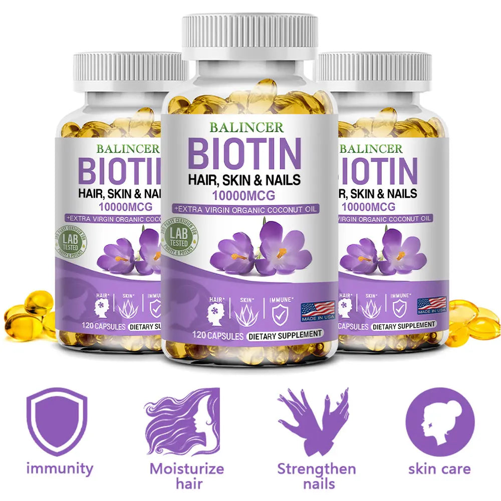 Balincer Biotin Supplement with Organic Coconut Oil - Supports Keratin for Healthier Hair & Skin, 10,000mcg, 30/60/120 Softgels
