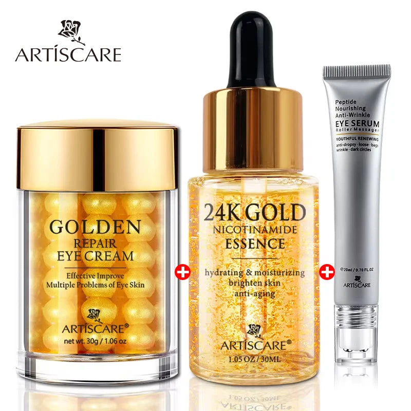 ARTISCARE 24K Gold Serum 3pcs/SET for Anti Dark Circles Eye Cream Moisturizing and Anti Wrinkles Face Essence Skin Care Cream