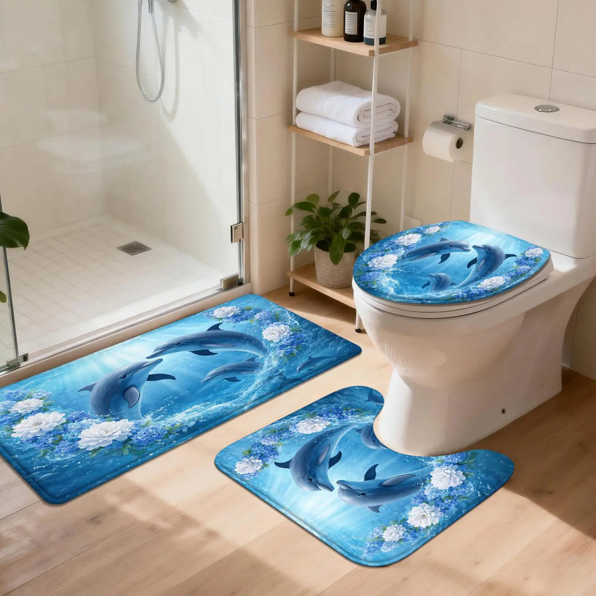 Luxury Dolphin Ocean Bath Mat Set Blue Nautical Bathroom Rug Home Decor Accessories for Coastal Bathroom Toilet