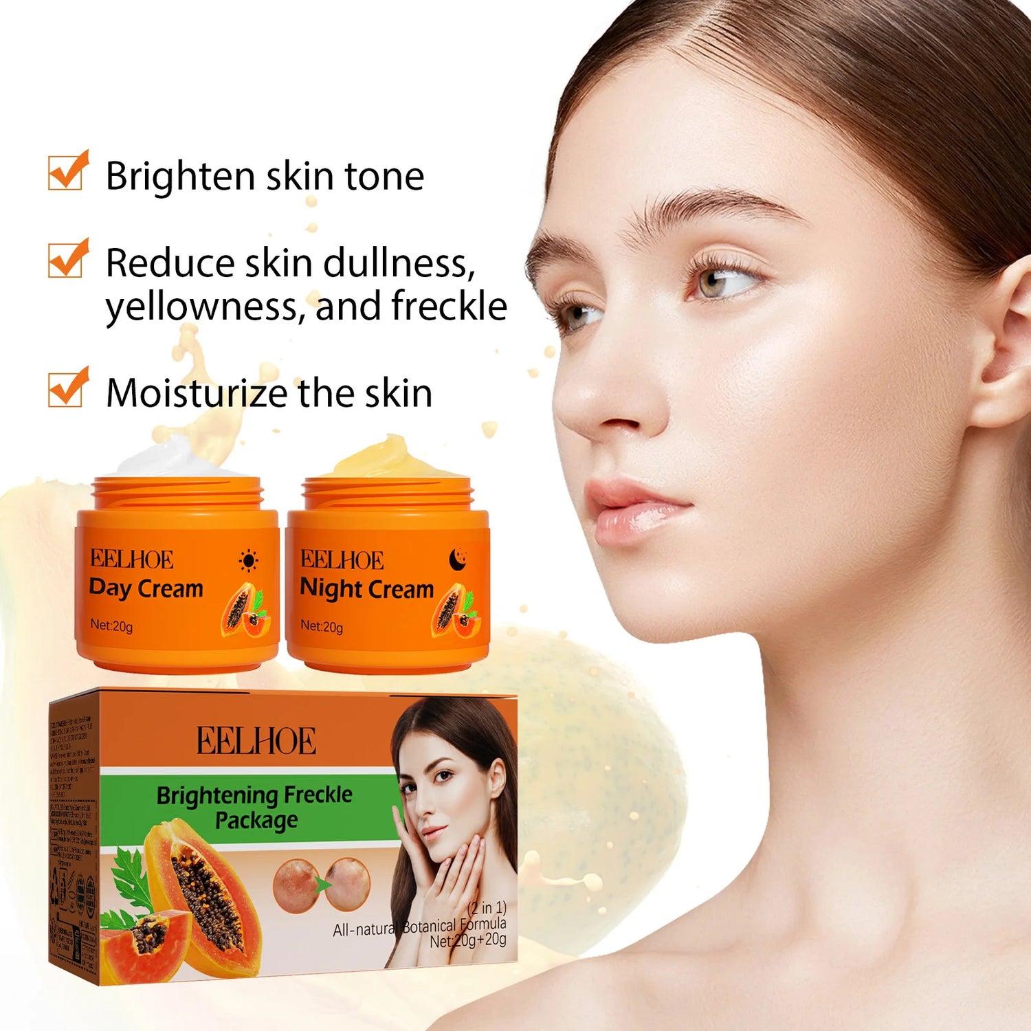 Papaya Brightening Freckle Face Cream Set Day Night Sun Spots Corrector Fade Pigment Brighten Skin Tone Day & Night Moisturizer