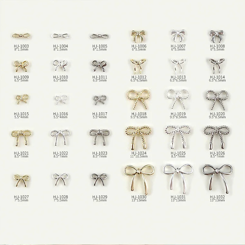 50PCS Japan Various Size Simple Thin Bowknot Bow Tie Gold Silver Twisted Alloy Nail Art Rhinestones Decorations Manicure Charms
