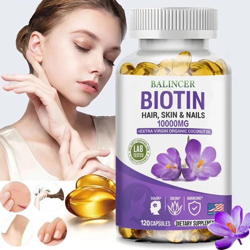 Balincer Biotin Supplement with Organic Coconut Oil - Supports Keratin for Healthier Hair & Skin, 10,000mcg, 30/60/120 Softgels