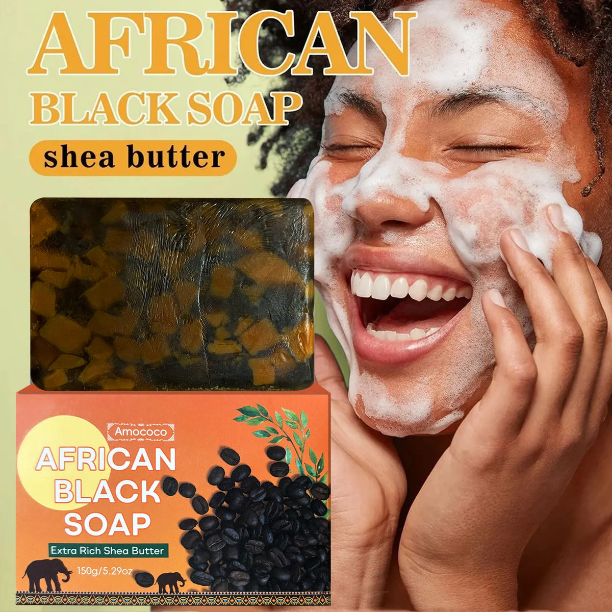 Amococo 3/6pcs African Black Soap Bar 150g Shea Butter Body Soap Moisturizing Cleansing Bath Soap with Coconut Oil Caffeine Neem Extract Natural Skin Care Soap for Men Women Dry Skin