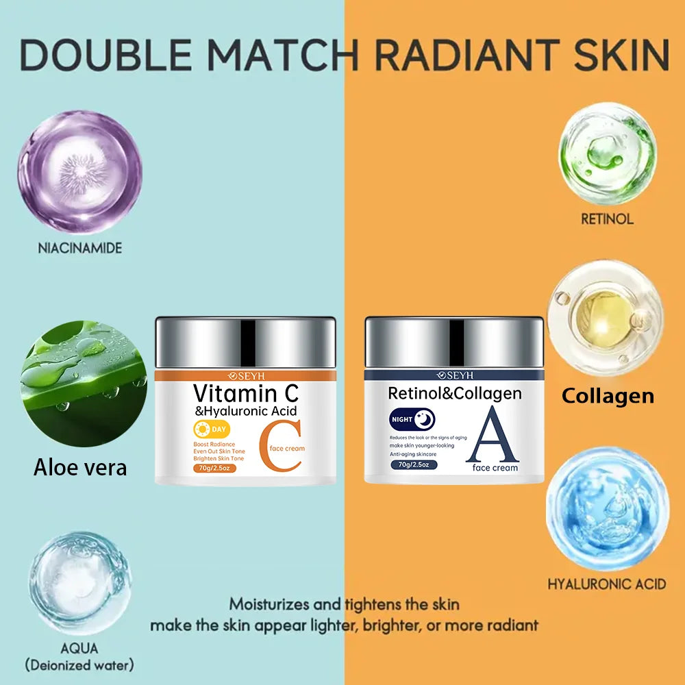 SEYH Vitamin C & Retinol a Dual-Effect Night Day Cream Set 2PCS Hydrating Moisturizer with Collagen Aloe Vera Peptides Niacinami